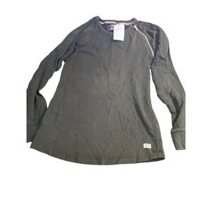 PRODUKT Black Cotton Zipper‎ Accent Long Sleeve Top Womens Casual Athleisure